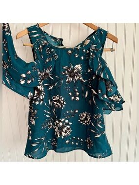 Japna Teal Floral Cold-Shoulder Blouse